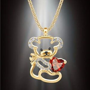 Bear Pendant Necklace With Red Heart Charm
